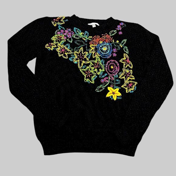 Neiman Marcus Floral Embroidered Knit Sweater Boho Chic Black Pullover Medium - Picture 1 of 11